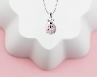 Collana per bambini in argento sterling con ciondolo a forma di coccinella rosa e zirconi cubici, collana per bambini, gioielli per bambine con coccinella