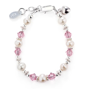 Personalized Sterling Silver Pearl & Pink Heart Bracelet for Newborn Infant Baby Girl Gift, Toddlers, or Little Girls Jewelry for Birthday