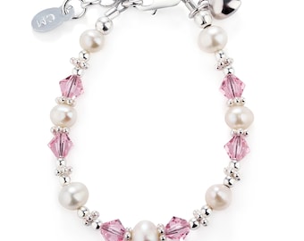 Personalized Sterling Silver Pearl & Pink Heart Bracelet for Newborn Infant Baby Girl Gift, Toddlers, or Little Girls Jewelry for Birthday