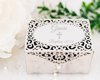 Personalized Baptism Gift for Girls, Small Silver Filigree Jewelry Box with Cross, First Communion, Christening, Confirmation FREE Engraving