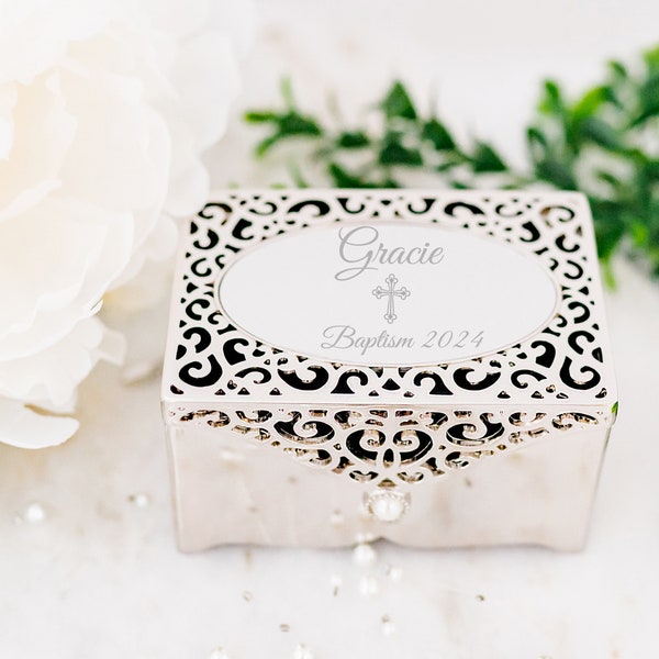 Personalized Baptism Gift for Girls, Small Silver Filigree Jewelry Box with Cross, First Communion, Christening, Confirmation FREE Engraving