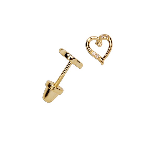 Children's 14K Gold-plated Heart Earrings With Tiny Czs and Screw