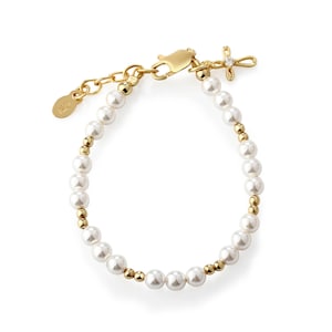 Children&#39;s 14K Gold-Plated Cross with Austrian Simulated Pearls Bracelet with FREE Engraving for Baptism, Christening, or 1st Communion Gift