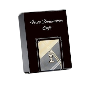 Boys First Communion Yellow and Gray Plaid Tie with Silver Chalice Tie Pin Gift Set for Boys Holy Communion Gift