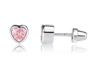 925 Sterling Silver Screw Back Pink Clear CZ Heart Dangle Earrings for Girls, Girl's, Size: One Size