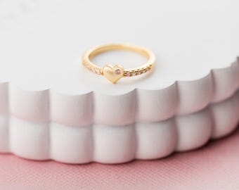 Anello a forma di cuore sbuffo placcato in oro 14 carati con zirconi cubici, regalo per bambine, anello da mignolo per donne e adolescenti.