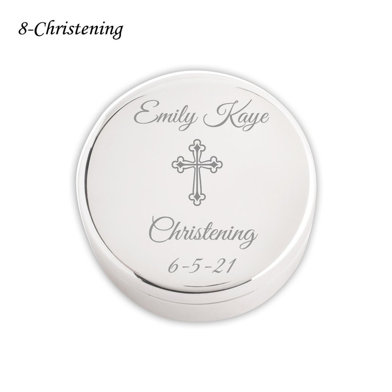 Personalized Baptism Gift for Girls, Silver Round Jewelry Box, FREE Engraved Name and Cross, Custom First Communion Gift, Infant Christening 8-Christening Fancy