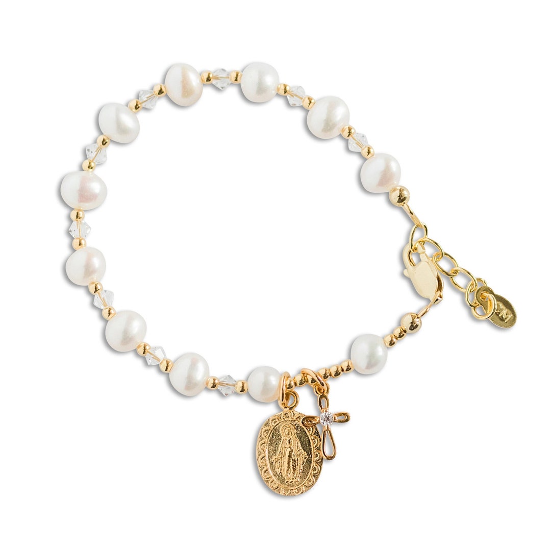 14K Goldplated Girls Rosary Bracelet First Communion Gift in Pink or