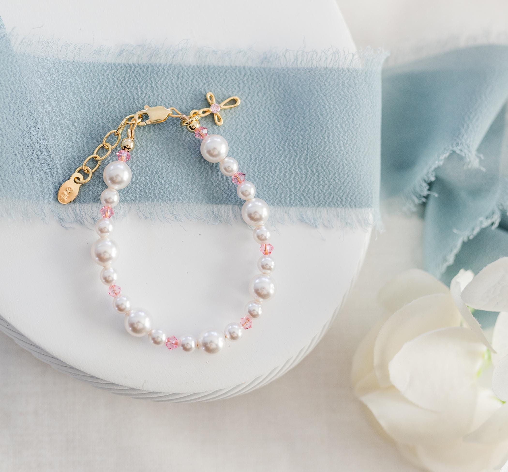 14K Gold Plated Cross Bracelet adorned with Swarovski pearls - Baptism…