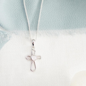 Children&#39;s Sterling Silver Infinity Cross Necklace with CZ Heart, for Girls Baptism, First Communion, Confirmation Gifts, Religious Jewelry