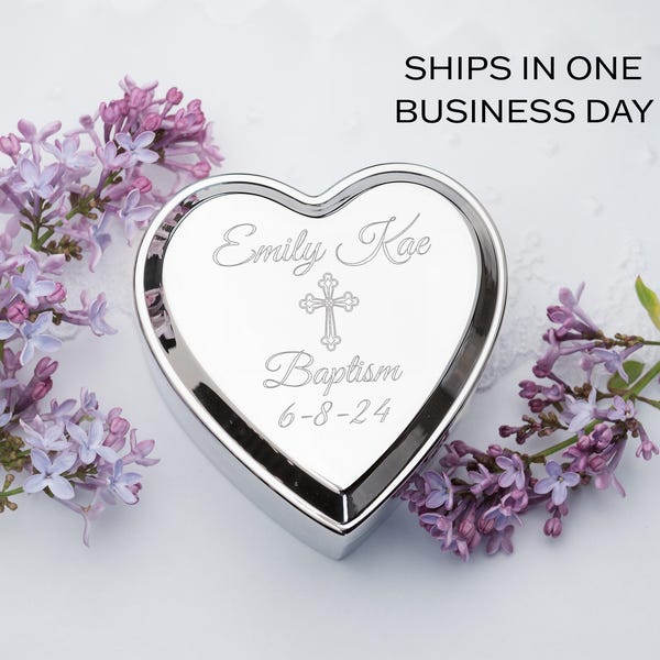 Personalisiertes Baby-Taufgeschenk für Mädchen, Silber Herz Schmuckschatulle FREE Gravur, Geschenk zur Erstkommunion, 1.Kommunion oder Konfirmation