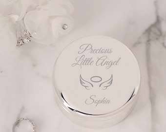 Personalized Round Silver Jewelry Box, FREE Engraved Custom Gift for New Baby Gift, Infant Keepsake Gift with Name, First Curl, First Tooth