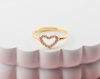 Little Girls 14k Gold-Plated Baby Ring, Granddaughter Gift, Kids Pink Heart Ring, Toddler Jewelry, Teens Gold Pinky Ring, Stackable Ring