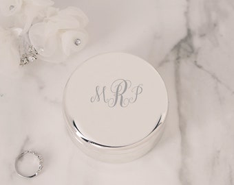 Personalized Round Silver Jewelry Box, FREE Engraved Custom Gift for Baby Girl, Flower Girl, Bridesmaid, Mother's Day, Anniversary, Monogram