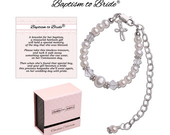 Baby Baptism to Bride® Keepsake Bracelet Gift for Baby Girl, Sterling Silver, Pearl, with Cross Newborn Infant Customized with Initial Charm