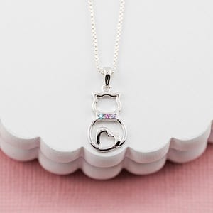 Little Girls Sterling Silver Cat Necklace, Kids Rainbow Kitty Jewelry, Gift for Cat Lover Birthday, Teens Cat Pendant, Best Friend Necklace