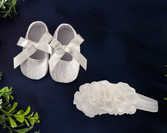 Baby Taufschuhe und Stirnband Set für Baby Mädchen, Taufschuhe und Stirnband, off white Baby Naming Blessing Schuh Stirnband