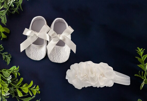 Light Ivory Baptism Lace Shoe and Headband Set for Baby Girls