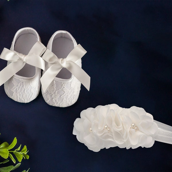 Light Ivory Baptism Lace Shoe and Headband Set for Baby Girls, Infant Girls Christening Shoes, Off White Baby Naming Blessing Shoe Headband