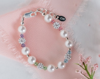 Little Girls Sterling Silver Bracelet adorned with Swarovski® pearls, Newborn Baby Girl Infant Gift, Toddler Jewelry, Gift for Baby Baptism