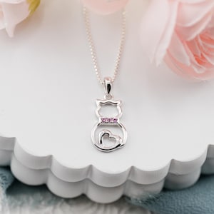 Little Girls Sterling Silver Cat Necklace, Kids Pink Kitty Jewelry, Gift for Cat Lover Birthday, Teens Cat Pendant, Best Friend Necklace