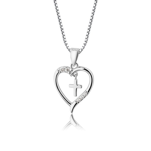 Sterling Silver Dancing Cross Heart Charm Necklace  Christian Child & Teen   Girls First Holy Communion, Confirmation, Baptism Gift