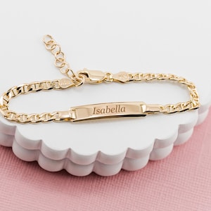 Carte d'identité personnalisée plaquée or 14 carats Bracelet prénom pour bébés, enfants, tout-petits, filles ou garçons avec gravure GRATUITE, bijoux personnalisés, carte d'identité médicale