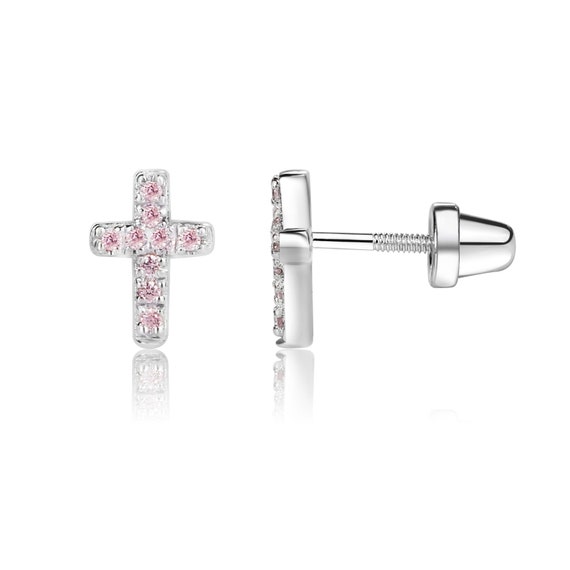 Children s Sterling Silver Pink Cross CZ Earrings With Screw Backs