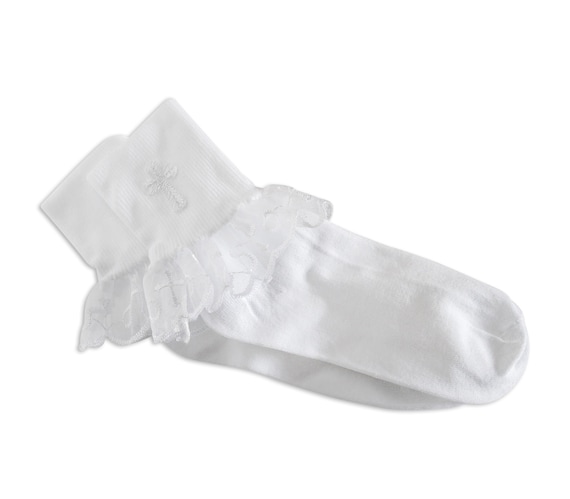 Girls White Lace Dress Socks With Embroidered Cross Embellishment