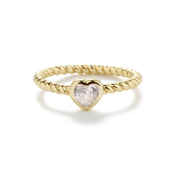 Little Girls 14k Gold-Plated CZ Heart Baby Ring, Kids Twisted Rope Ring Toddler Jewelry, Teens, Women's Pinky Ring, Toe Ring, Stackable Ring