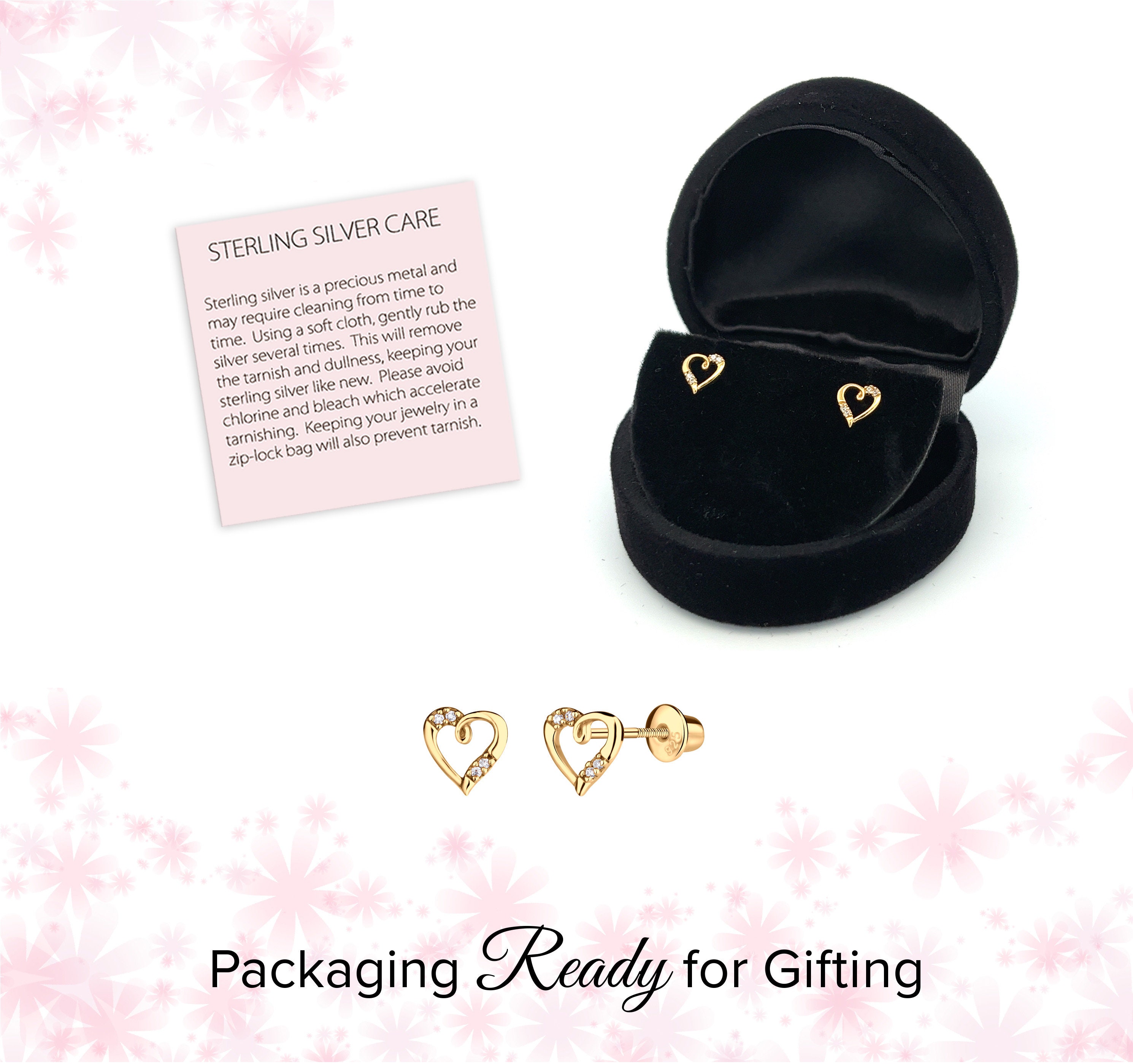 Children's 14K Gold-plated Heart Earrings With Tiny Czs and Screw