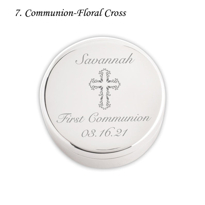 Personalized Baptism Gift for Girls, Silver Round Jewelry Box, FREE Engraved Name and Cross, Custom First Communion Gift, Infant Christening 7-Communion-Floral