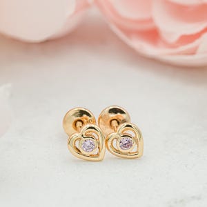 Children's 14K Gold-Plated Heart Earrings with Pink CZ and Screw Backs for Infant, Little Girls, Kids, Toddler, Hypoallergenic Baby Jewelry