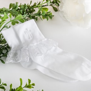 Girls White Lace Dress Socks with Embroidered Cross Embellishment for First Communion or Church Socks  (Size 7-8)