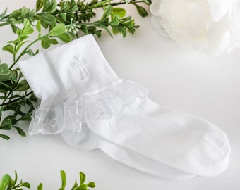 Girls White Lace Dress Socks with Embroidered Cross Embellishment for First Communion or Church Socks  (Size 7-8)