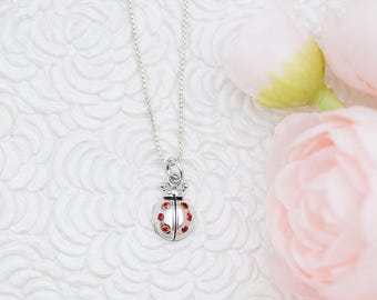 Collana con ciondolo a forma di coccinella in argento sterling per bambini con zirconi cubici, collana con coccinella per bambini, gioielli con coccinella per bambini
