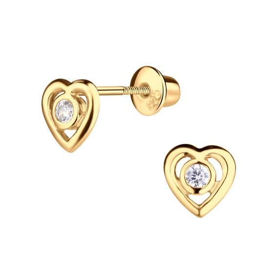 Kids 14K Gold-plated Heart Earrings With CZ With Screw Backs for