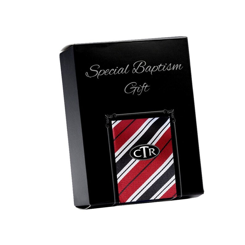 LDS Baptism Red and Black Stripe Tie with CTR Tie Pin in Gift Box for Boys Baptism Gift, Mormon Baptism Gift for Boys, Youth Red Stripe Tie image 1