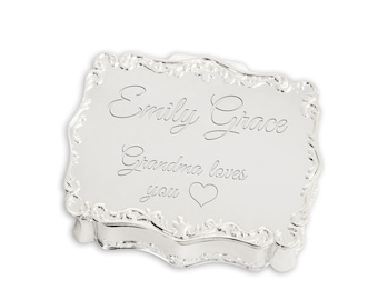 Personalized Silver Small Rectangle Jewelry Box w-FREE Engraved Name, Monogram, or Custom Message -A special Gift for Girls, Teens, or Women