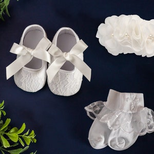 Light Ivory Baptism Lace Shoe and Headband Set with White Lace Socks Embellished with a Cross for Baby Girls, Infant Girls Christening Shoes