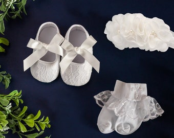 Light Ivory Baptism Lace Shoe and Headband Set with White Lace Socks Embellished with a Cross for Baby Girls, Infant Girls Christening Shoes