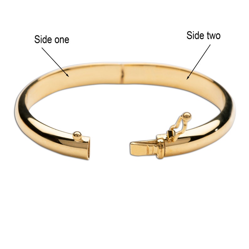 Open 14K gold plated bangle showing two sides of opening and safety latch closure.