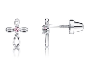 Children's Sterling Silver Infinity Pink Cross Earrings with Screw Backs, Baby Baptism, Infant Christening,  Kids First Communion Gift Girls