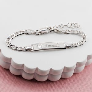 Personalized Sterling Silver ID Name Bracelet with Heart for Baby Girls, Toddlers, Little Girls and Kids with FREE Engraved Custom Message