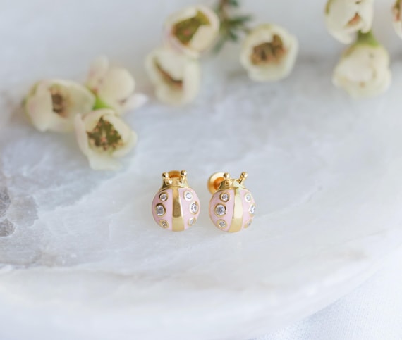Girls 14K Gold Plated Pink Ladybug Screw Back Earrings for Toddler Stud Earrings, Hypo-allergenic, Nickel Free, Babys First Earrings, Easter