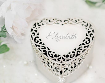 Personalized Silver Filigree Heart Jewelry Box, FREE Engraving Custom Gift, Baby Girl Gift, Baptism, Bridesmaid, Anniversary, Best Friend