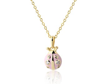 Collana per bambini con ciondolo a forma di coccinella rosa placcata in oro 14 carati e zirconi cubici, collana per bambini, gioielli a forma di coccinella per bambine, personalizzabile