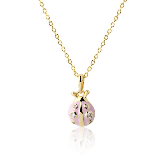 Collier Doré émaillé Vintage - Pendentif Cage Avec Oiseau Et Coccinelle - Longueur 66-70 Cm - Très Bon état