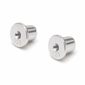 May include: Two silver-colored earring backs with a cylindrical shape and a flat circular front face. Each piece features a threaded interior hole and the number 925 stamped clearly on the front surface, indicating the sterling silver composition.
