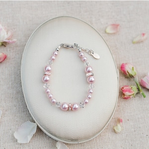 Sterling Silver Beaded Bracelet for Little Girls, Flower Girl Bracelet, New Baby Girl, Granddaughter Gift, Toddler Jewelry with Pink Pearls